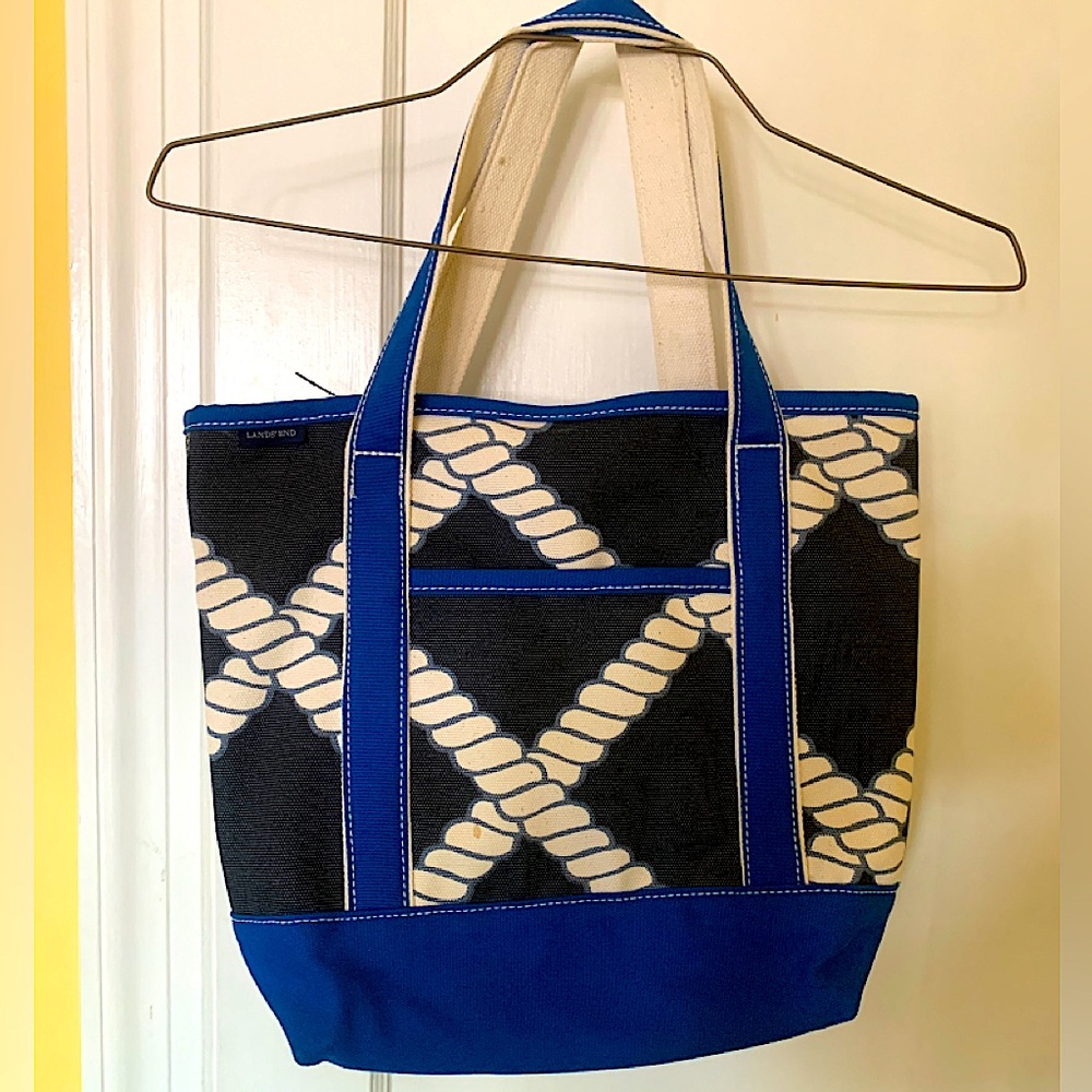 Lands' End Blue Navy & Cream Rope Print Canvas Tote
